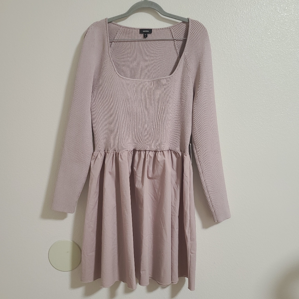 NWT Express Blush Pink Square Neck Ribbed Poplin Fit and Flare Dress